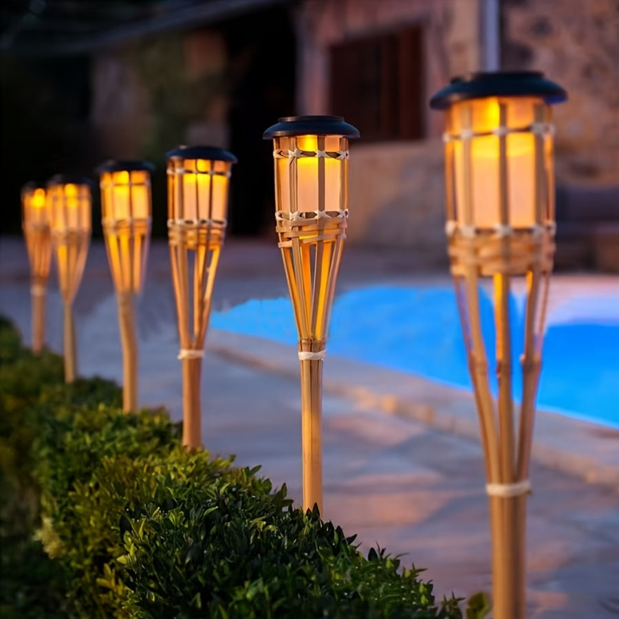 Solar-Powered 12 LED Bamboo Flame Lantern - Outdoor Garden Pathway Light