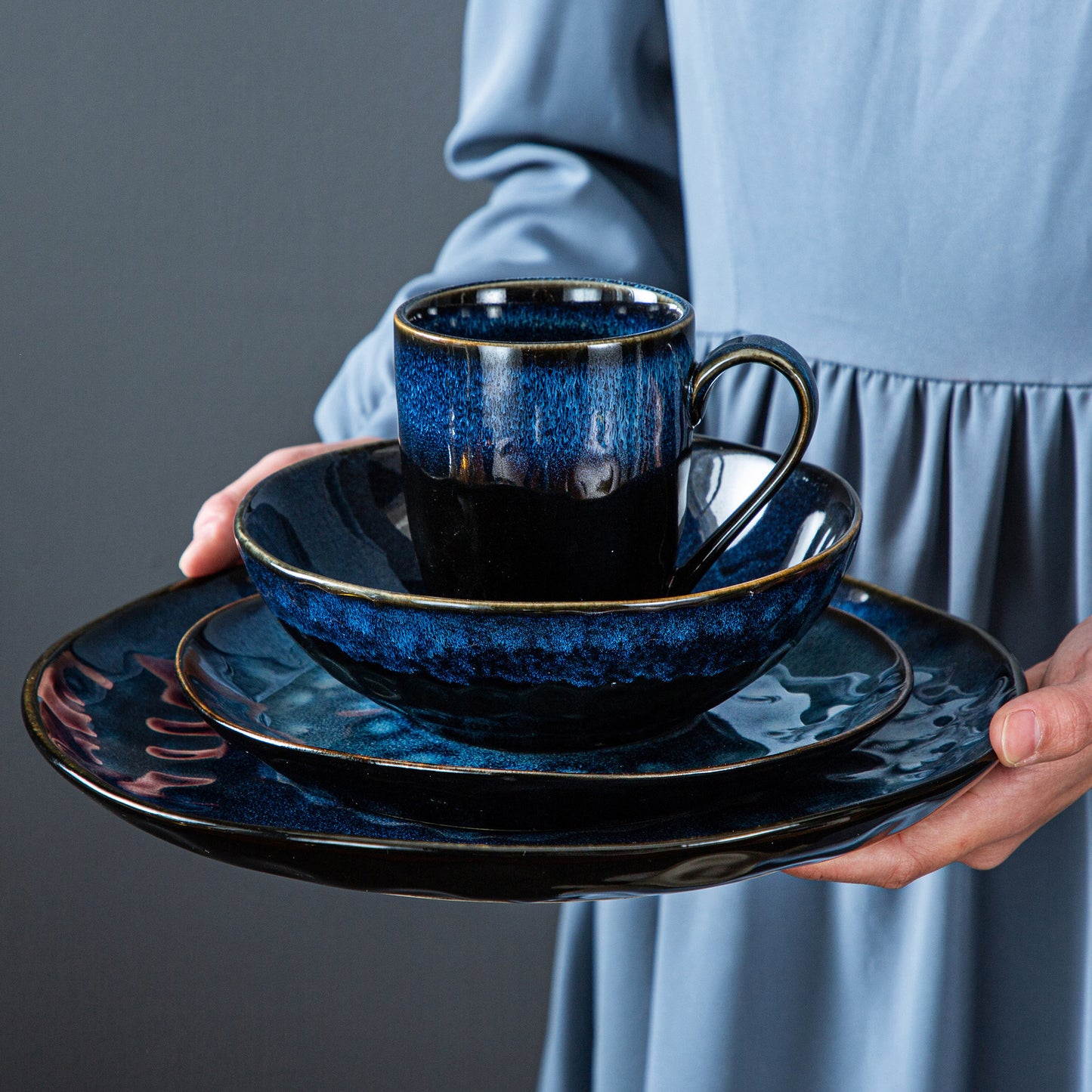 16pcs Blue Dinner Set – Kiln-Changed Glaze Tableware