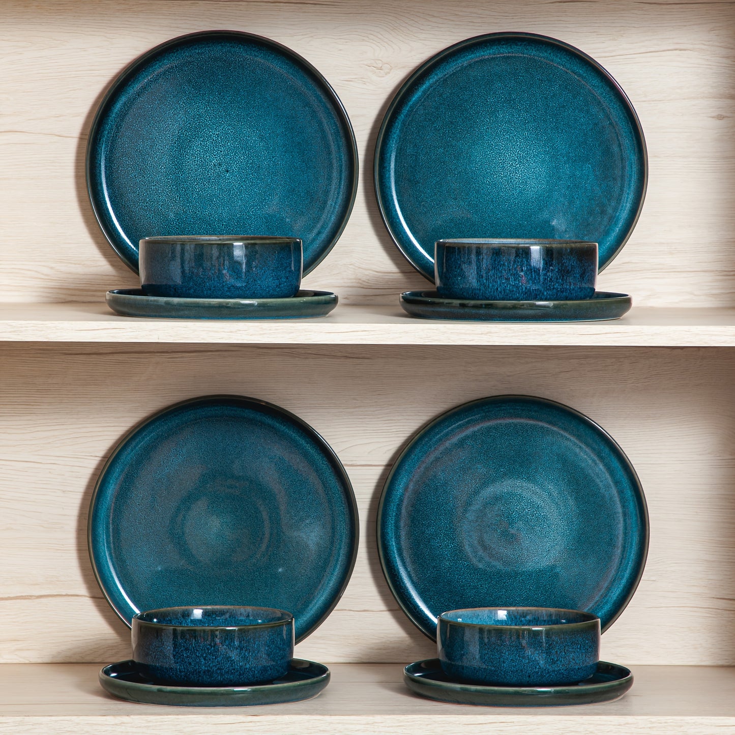 12pcs Luxury Stoneware Frosted Kiln-Formed Blue Dinnerware Set