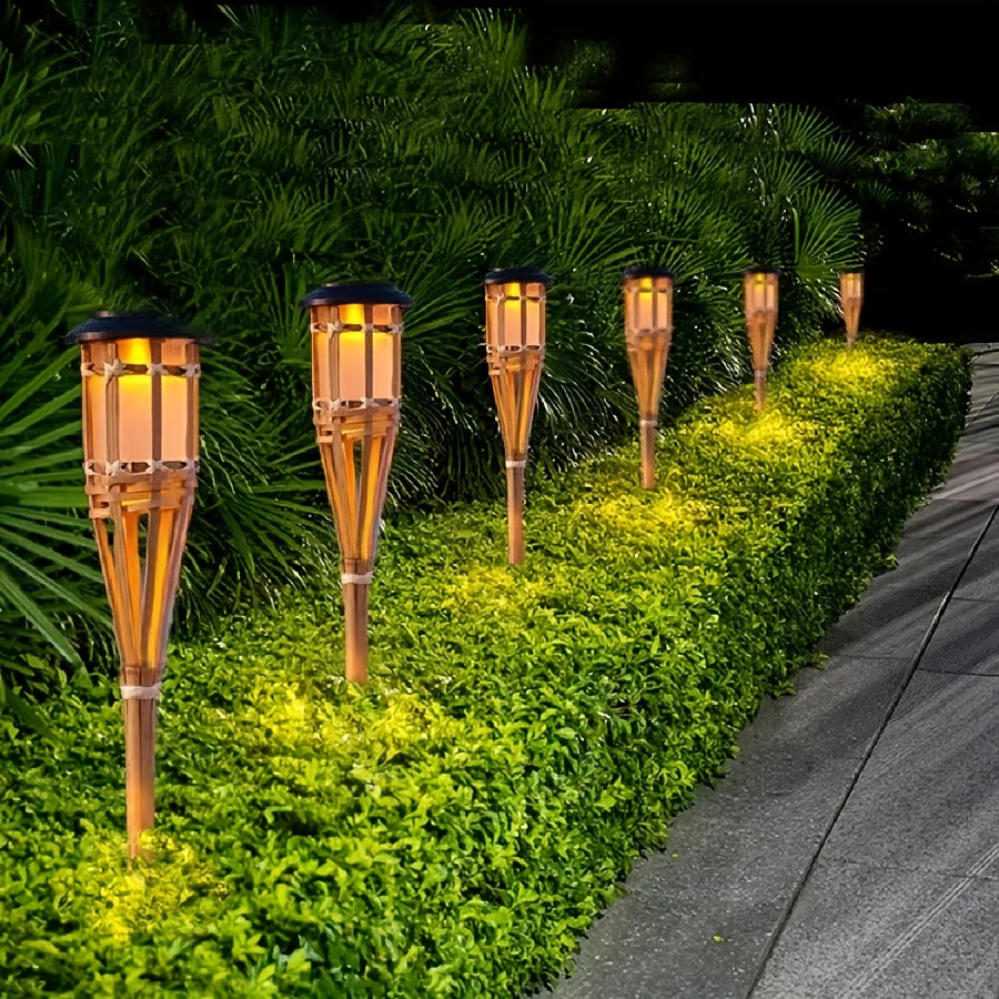Solar-Powered 12 LED Bamboo Flame Lantern - Outdoor Garden Pathway Light