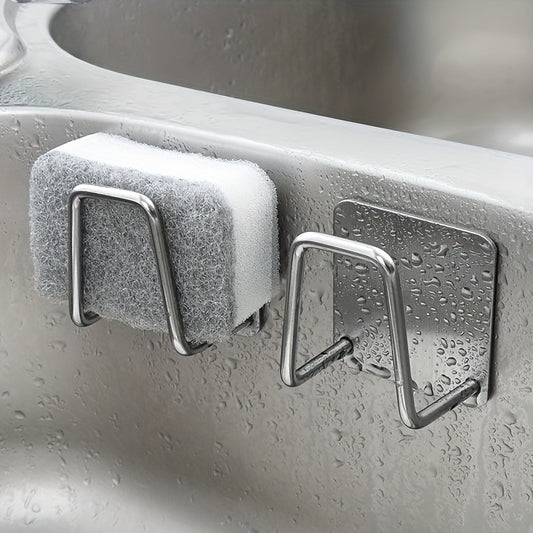 Stainless Steel Wall-Mount Sponge Holder with Dual Hooks – No-Drill Kitchen Sink Organizer