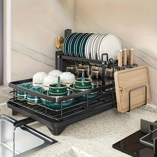 2-Tier Carbon Steel Dish Rack with Drainboard