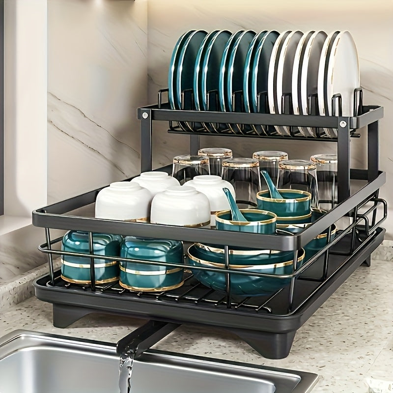2-Tier Carbon Steel Dish Rack with Drainboard