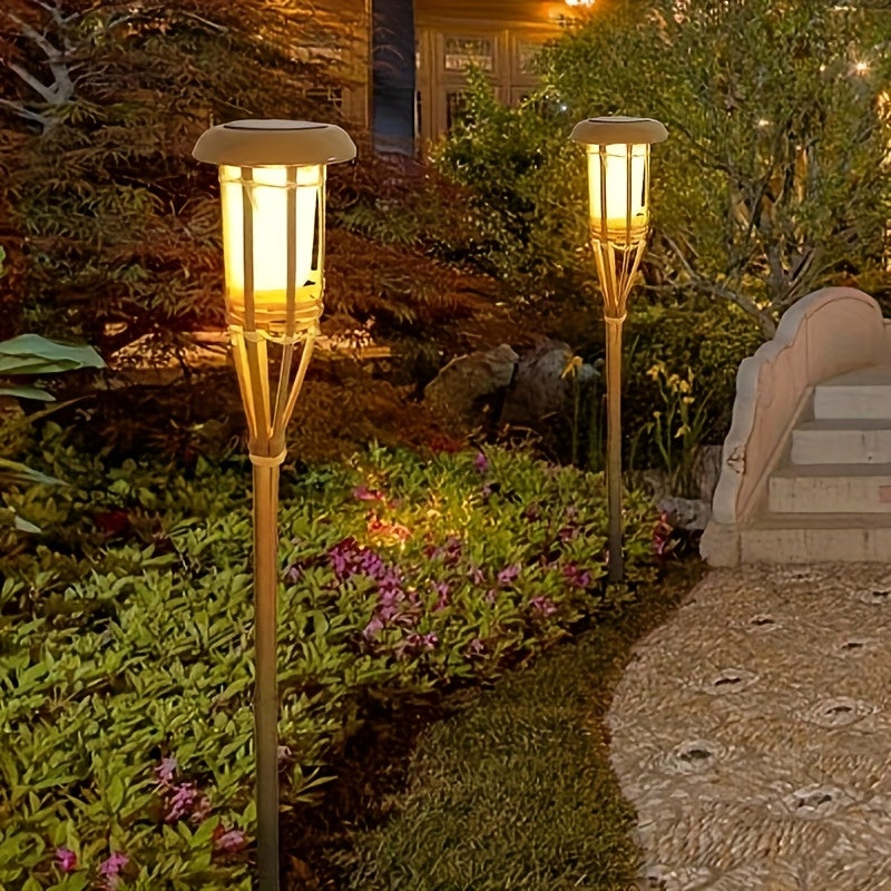 Solar-Powered 12 LED Bamboo Flame Lantern - Outdoor Garden Pathway Light